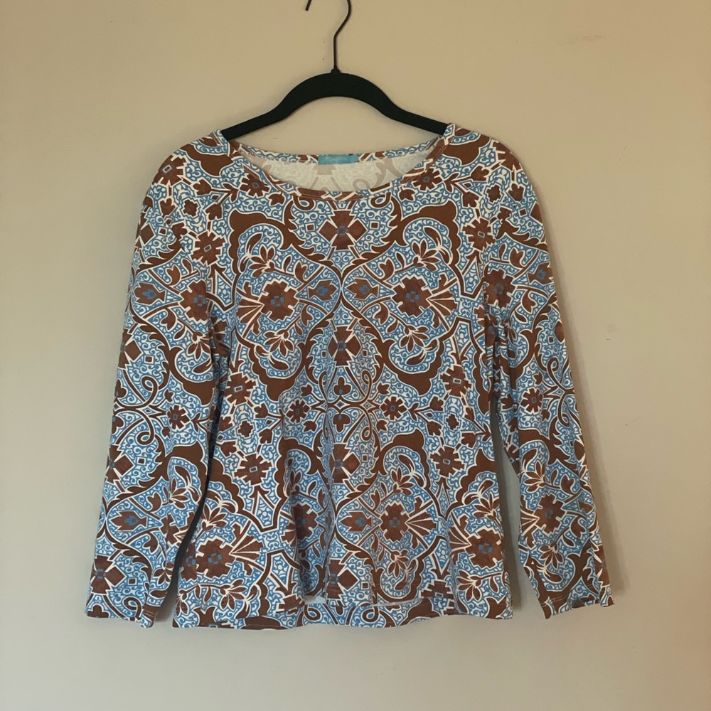 J. McLaughlin Brown and Blue 3/4 Sleeve Top